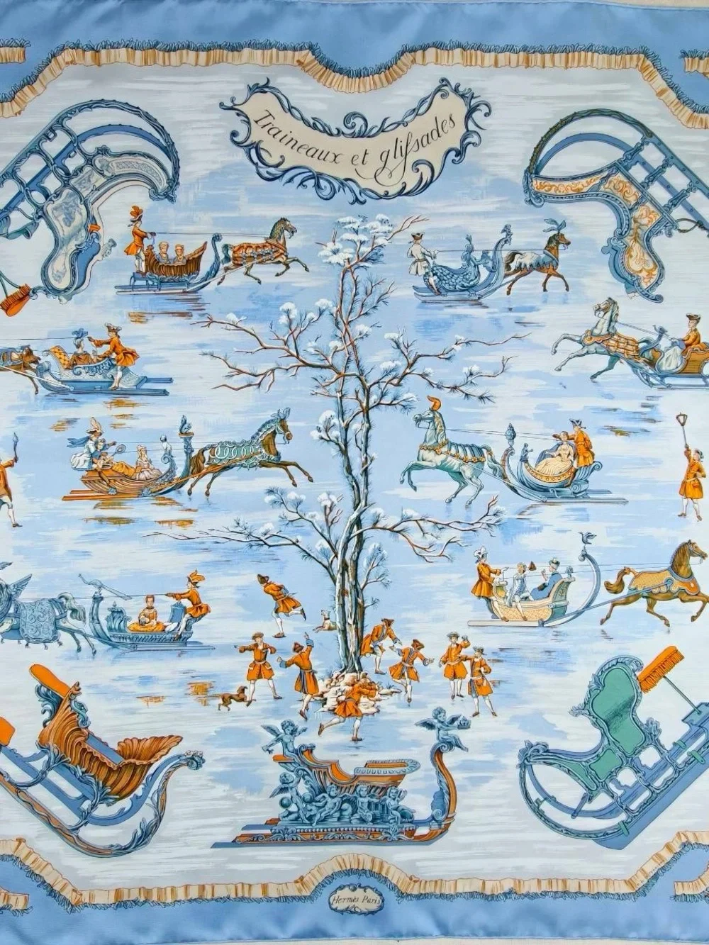 Hermes Blue, Cream and Orange Silk Scarf — Winter Sleigh Tableau